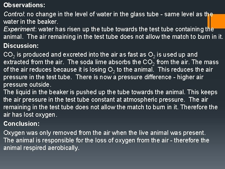 Observations: Control: no change in the level of water in the glass tube -