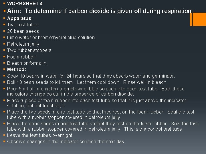 § WORKSHEET 4 § Aim: To determine if carbon dioxide is given off during