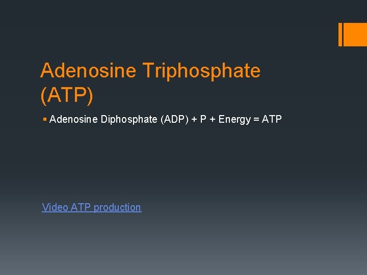Adenosine Triphosphate (ATP) § Adenosine Diphosphate (ADP) + P + Energy = ATP Video