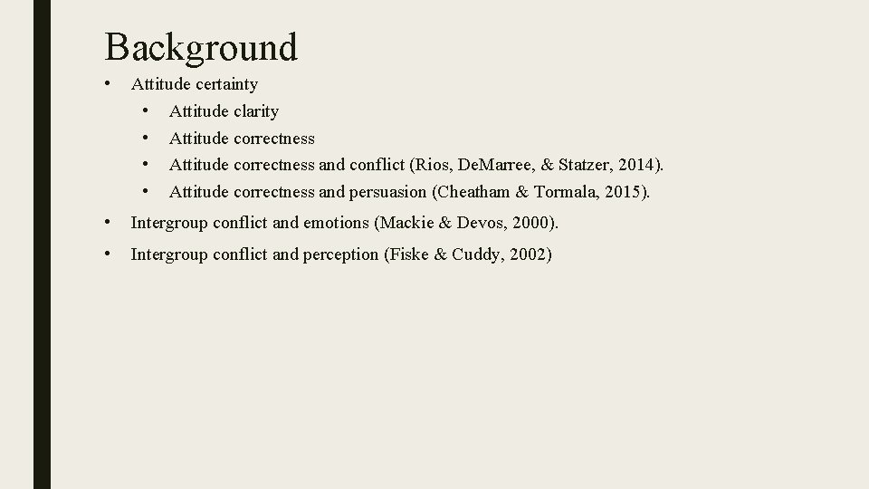 Background • Attitude certainty • Attitude clarity • Attitude correctness and conflict (Rios, De.