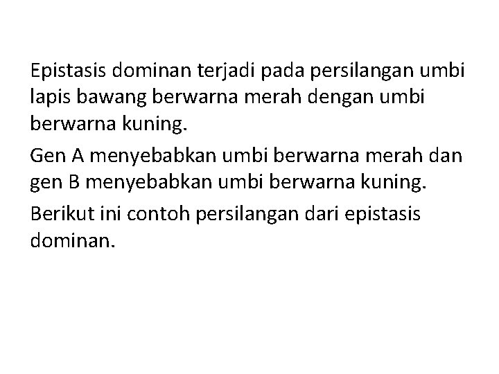 Epistasis dominan terjadi pada persilangan umbi lapis bawang berwarna merah dengan umbi berwarna kuning.