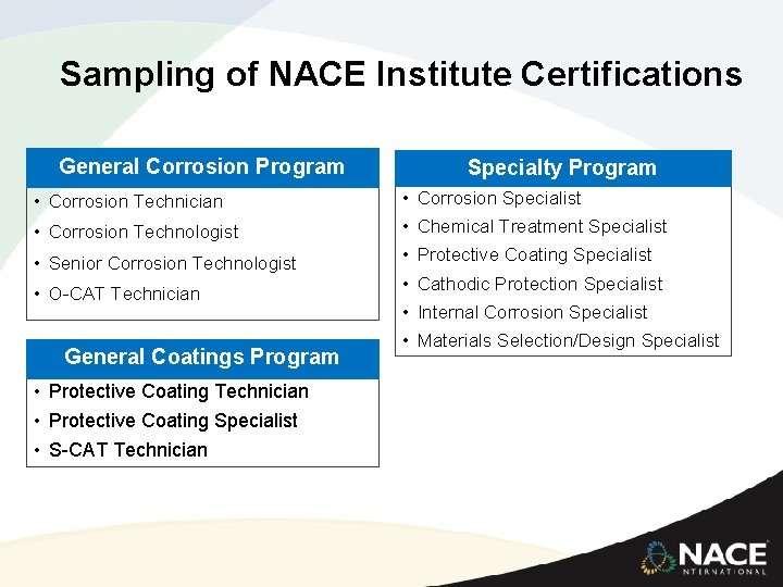 Sampling of NACE Institute Certifications General Corrosion Program Specialty Program • Corrosion Technician • Sampling of NACE Institute Certifications General Corrosion Program Specialty Program • Corrosion Technician •