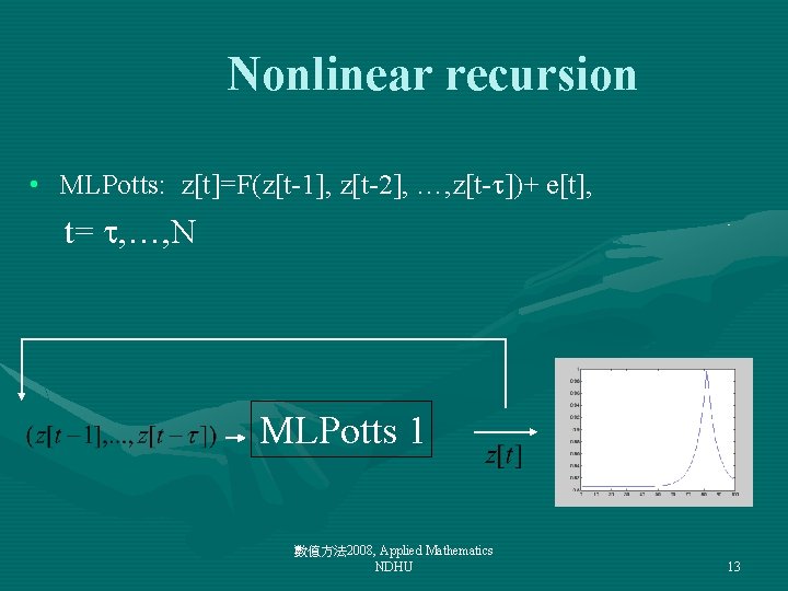 Nonlinear recursion • MLPotts: z[t]=F(z[t-1], z[t-2], …, z[t- ])+ e[t], t= , …, N