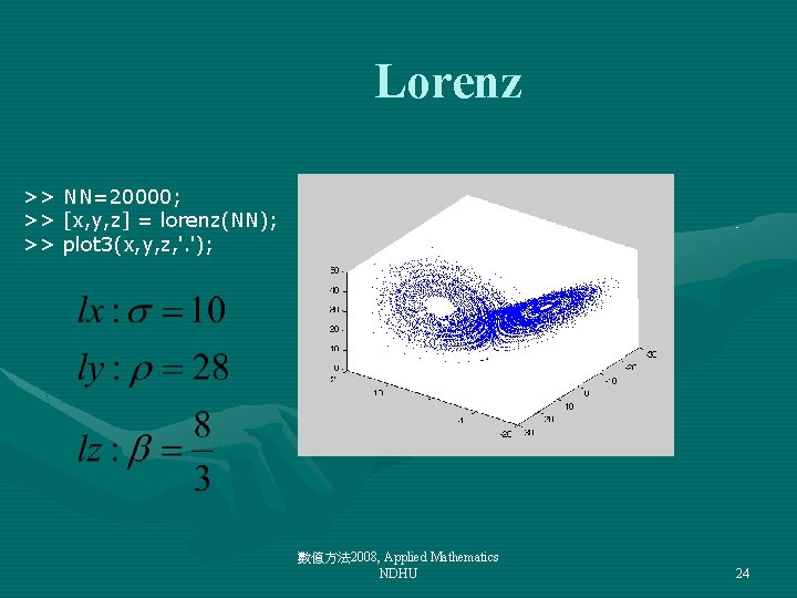 Lorenz >> NN=20000; >> [x, y, z] = lorenz(NN); >> plot 3(x, y, z,