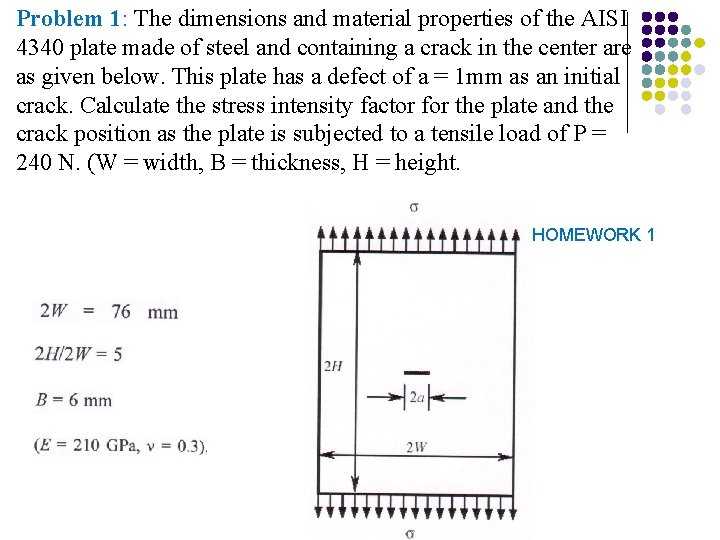 Problem 1: The dimensions and material properties of the AISI 4340 plate made of