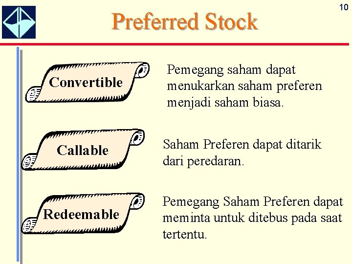 Preferred Stock Convertible Pemegang saham dapat menukarkan saham preferen menjadi saham biasa. Callable Saham