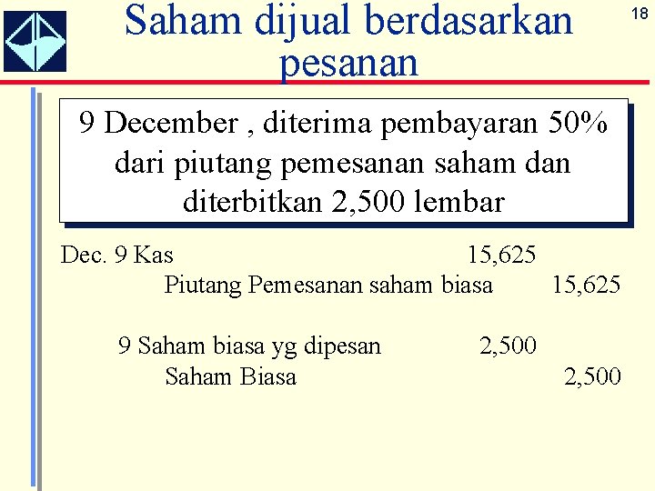 Saham dijual berdasarkan pesanan 9 December , diterima pembayaran 50% dari piutang pemesanan saham
