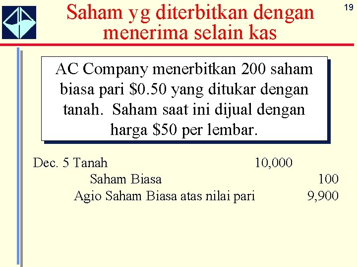 Saham yg diterbitkan dengan menerima selain kas AC Company menerbitkan 200 saham biasa pari