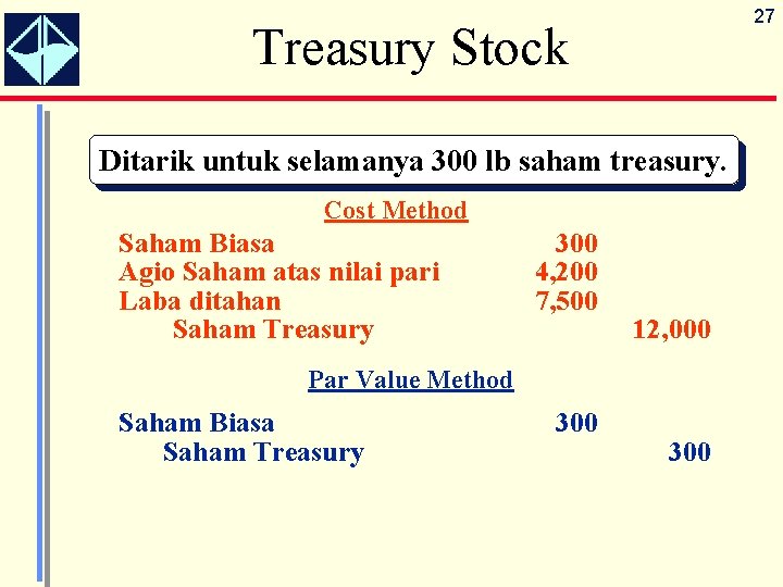 27 Treasury Stock Ditarik untuk selamanya 300 lb saham treasury. Cost Method Saham Biasa