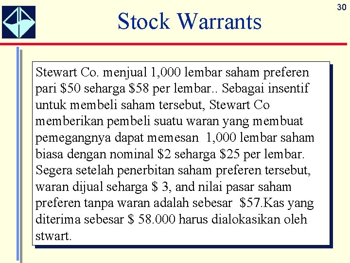 Stock Warrants Stewart Co. menjual 1, 000 lembar saham preferen pari $50 seharga $58