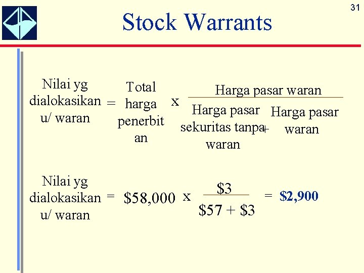 Stock Warrants Nilai yg Total Harga pasar waran dialokasikan = harga x Harga pasar