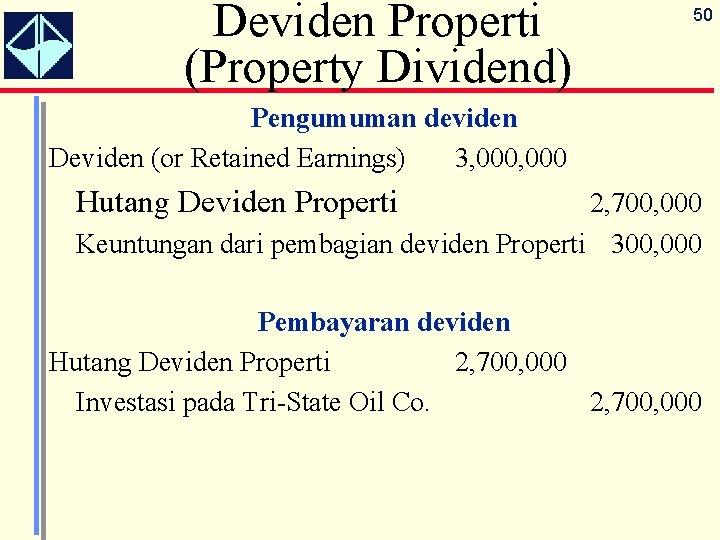Deviden Properti (Property Dividend) 50 Pengumuman deviden Deviden (or Retained Earnings) 3, 000 Hutang