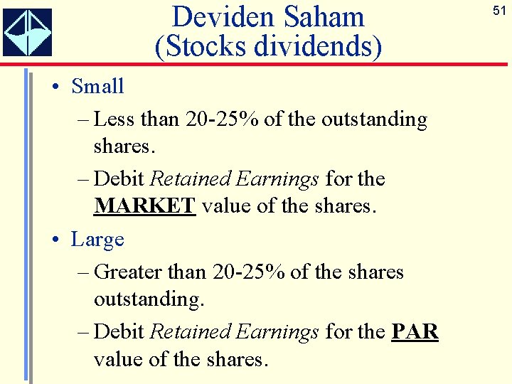 Deviden Saham (Stocks dividends) • Small – Less than 20 -25% of the outstanding