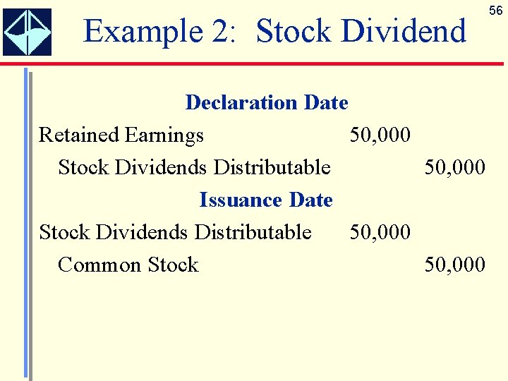 Example 2: Stock Dividend Declaration Date Retained Earnings 50, 000 Stock Dividends Distributable 50,