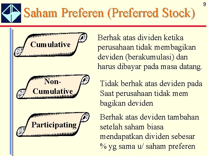 Saham Preferen (Preferred Stock) Cumulative Non. Cumulative Participating Berhak atas dividen ketika perusahaan tidak