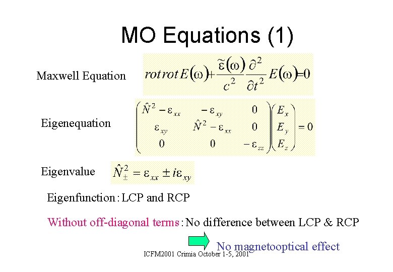 MO Equations (1) Maxwell Equation Eigenequation Eigenvalue Eigenfunction：LCP and RCP Without off-diagonal terms：No difference