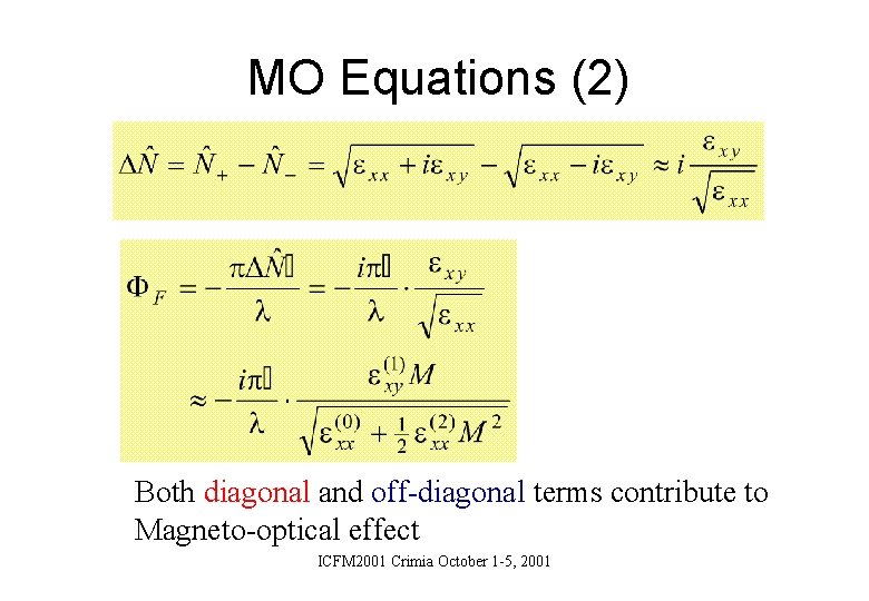 MO Equations (2) Both diagonal and off-diagonal terms contribute to Magneto-optical effect ICFM 2001