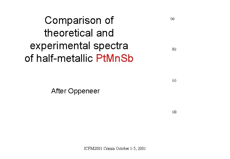 Comparison of theoretical and experimental spectra of half-metallic Pt. Mn. Sb (a) (b) (c)