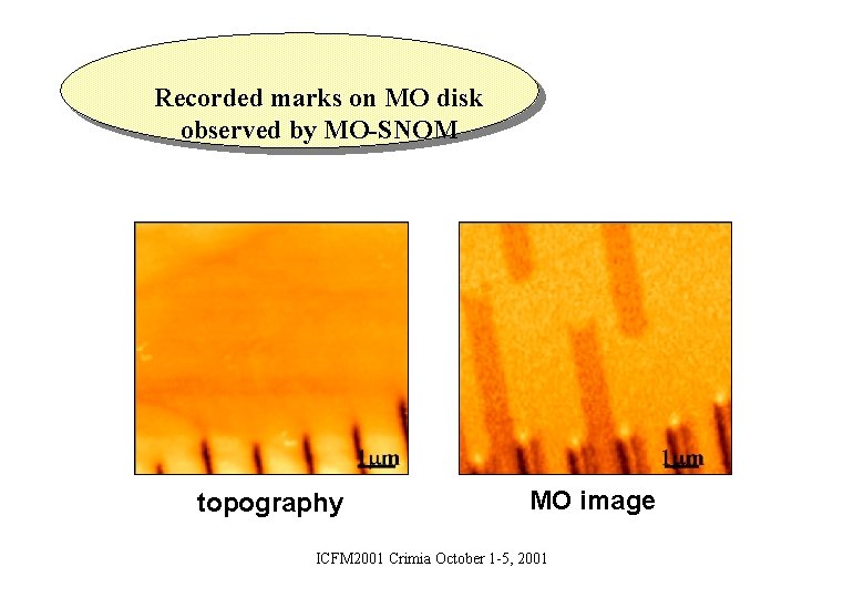 Recorded marks on MO disk observed by MO-SNOM topography MO image ICFM 2001 Crimia