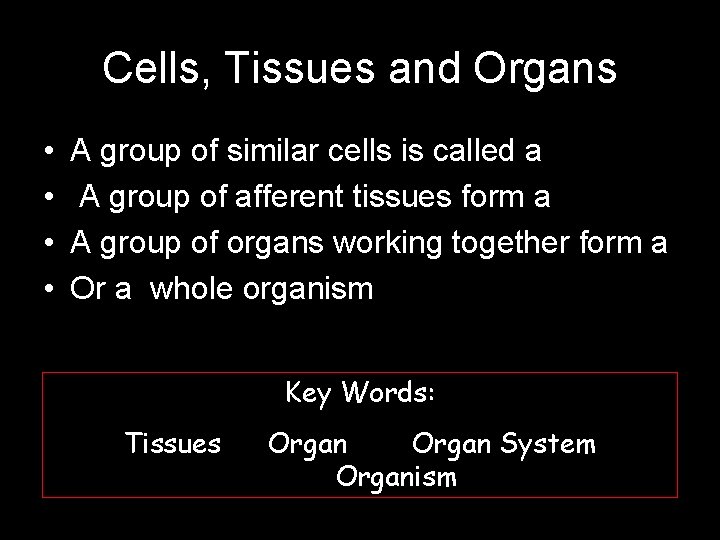 Cells, Tissues and Organs • • A group of similar cells is called a