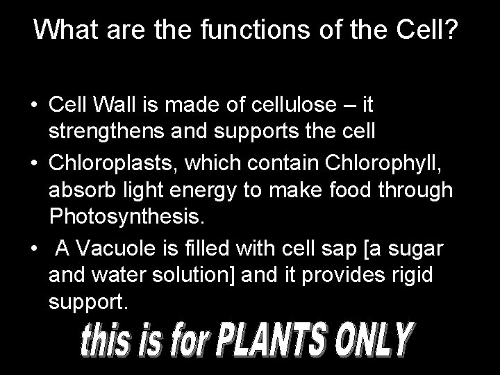 What are the functions of the Cell? • Cell Wall is made of cellulose