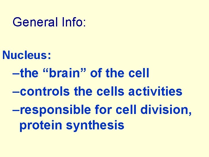 General Info: Nucleus: –the “brain” of the cell –controls the cells activities –responsible for