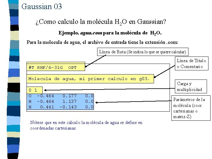 Gaussian 03 ¿Como calculo la molécula H 2 O en Gaussian? Ejemplo. agua. com