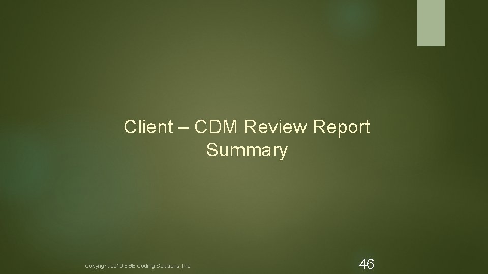 Client – CDM Review Report Summary Copyright 2019 EBB Coding Solutions, Inc. 46 