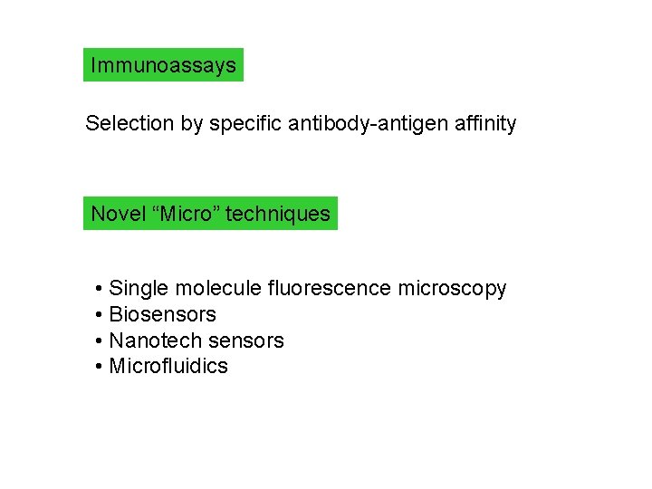 Immunoassays Selection by specific antibody-antigen affinity Novel “Micro” techniques • Single molecule fluorescence microscopy