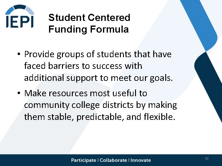 Student Centered Funding Formula • Provide groups of students that have faced barriers to