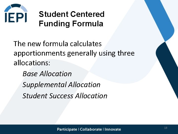 Student Centered Funding Formula The new formula calculates apportionments generally using three allocations: Base