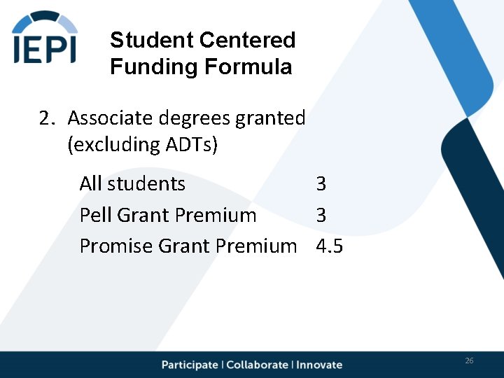 Student Centered Funding Formula 2. Associate degrees granted (excluding ADTs) All students 3 Pell