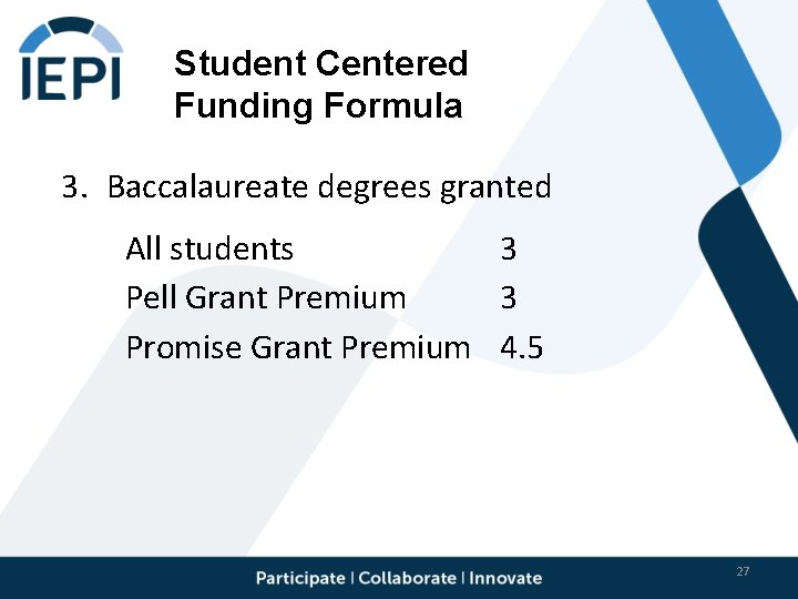 Student Centered Funding Formula 3. Baccalaureate degrees granted All students 3 Pell Grant Premium