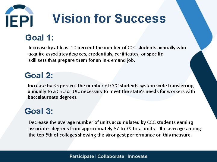Vision for Success Goal 1: Increase by at least 20 percent the number of