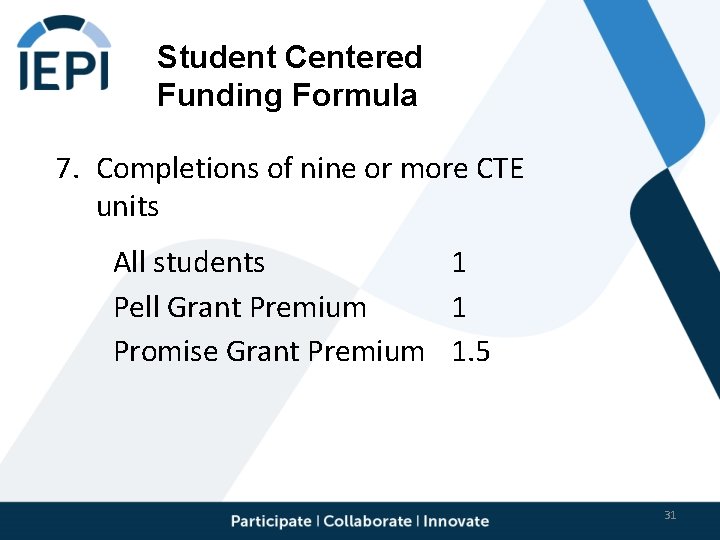 Student Centered Funding Formula 7. Completions of nine or more CTE units All students