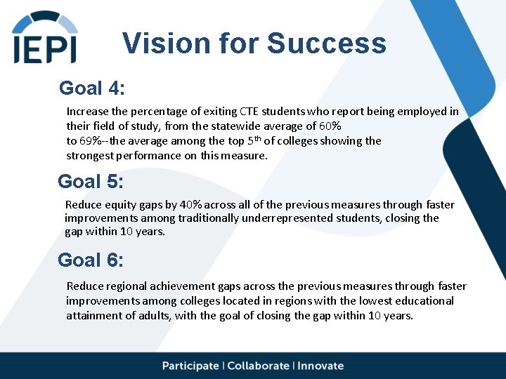 Guided Pathways Vision for Success Goal 4: Increase the percentage of exiting CTE students