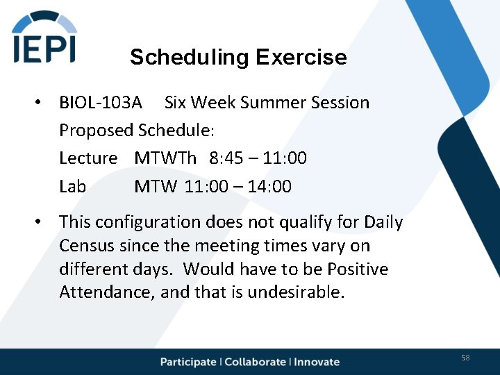 Scheduling Exercise • BIOL-103 A Six Week Summer Session Proposed Schedule: Lecture MTWTh 8: