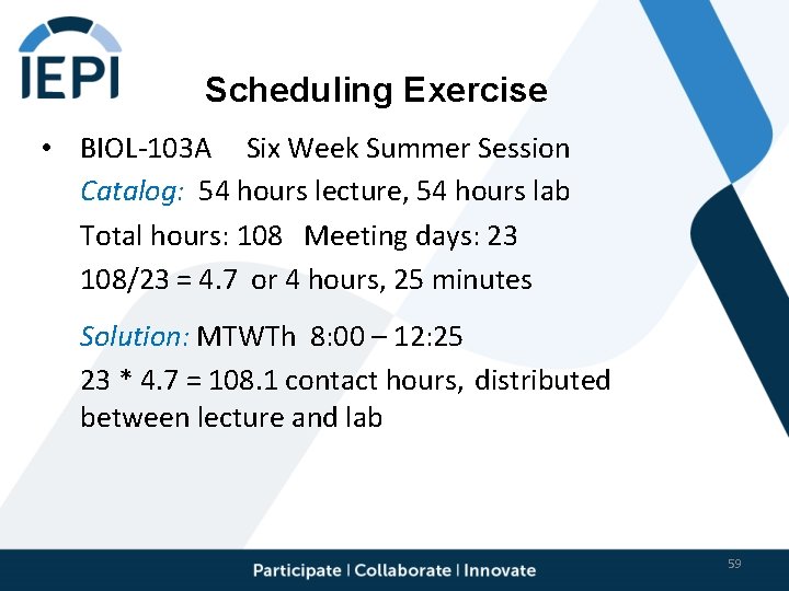 Scheduling Exercise • BIOL-103 A Six Week Summer Session Catalog: 54 hours lecture, 54