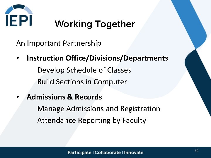 Working Together An Important Partnership • Instruction Office/Divisions/Departments Develop Schedule of Classes Build Sections