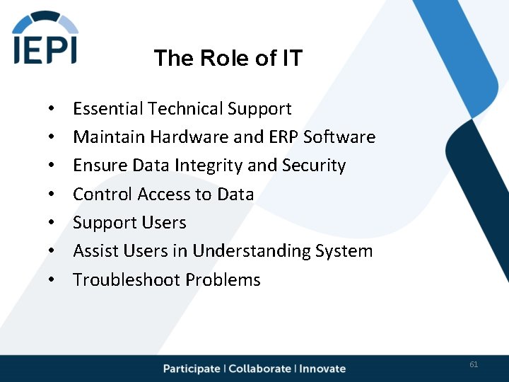 The Role of IT • • Essential Technical Support Maintain Hardware and ERP Software