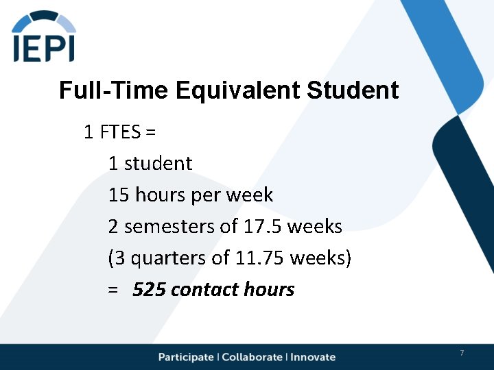 Full-Time Equivalent Student 1 FTES = 1 student 15 hours per week 2 semesters