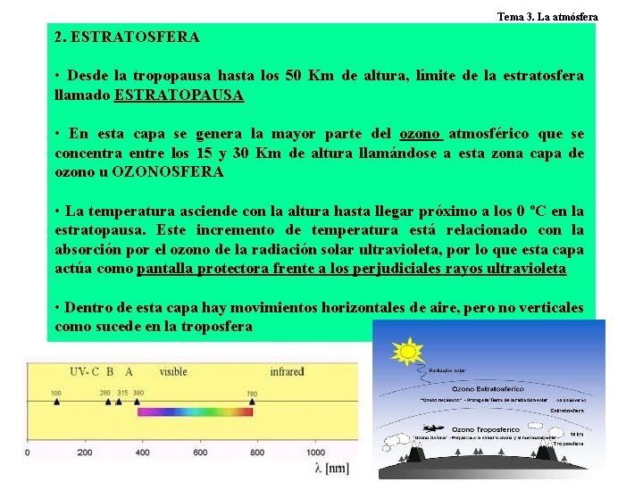 Tema 3. La atmósfera 2. ESTRATOSFERA • Desde la tropopausa hasta los 50 Km