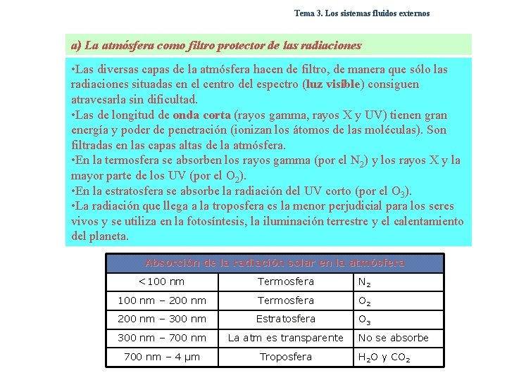 Tema 3. Los sistemas fluidos externos a) La atmósfera como filtro protector de las