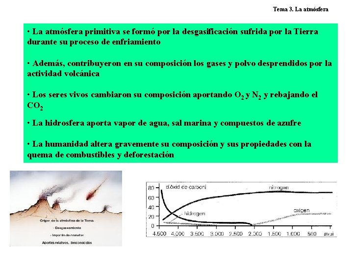 Tema 3. La atmósfera • La atmósfera primitiva se formó por la desgasificación sufrida