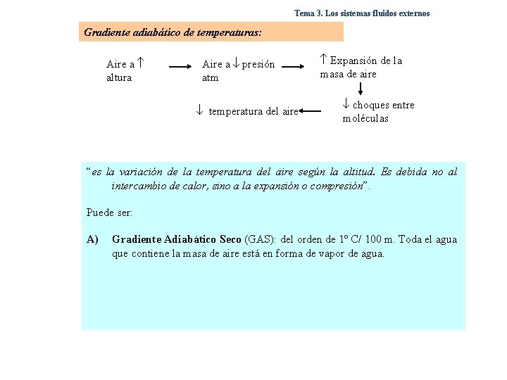 Tema 3. Los sistemas fluidos externos Gradiente adiabático de temperaturas: Aire a altura Aire