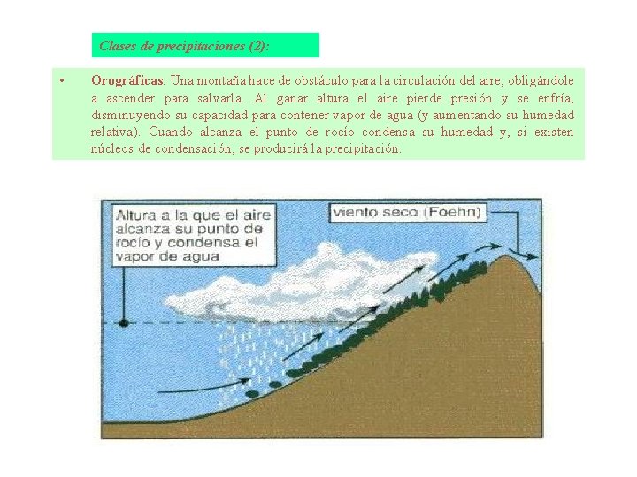 Clases de precipitaciones (2): • Orográficas: Una montaña hace de obstáculo para la circulación