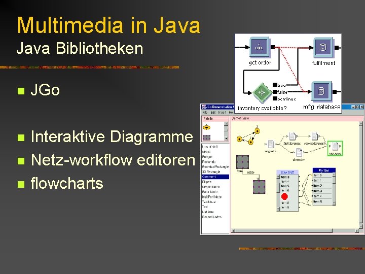 Multimedia in Java Bibliotheken n JGo n Interaktive Diagramme Netz-workflow editoren flowcharts n n Multimedia in Java Bibliotheken n JGo n Interaktive Diagramme Netz-workflow editoren flowcharts n n