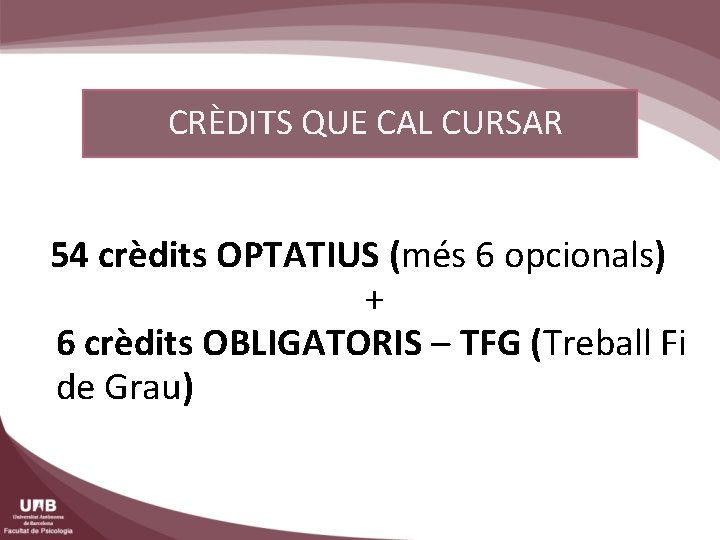 CRÈDITS QUE CAL CURSAR 54 crèdits OPTATIUS (més 6 opcionals) + 6 crèdits OBLIGATORIS