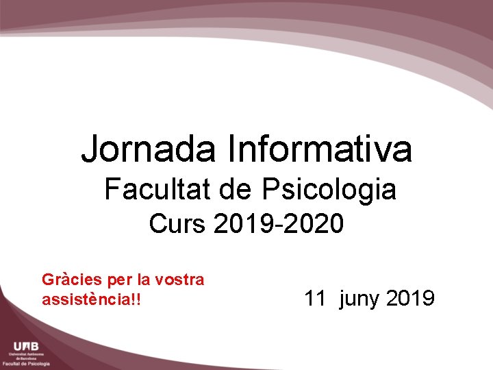 Jornada Informativa Facultat de Psicologia Curs 2019 -2020 Gràcies per la vostra assistència!! 11