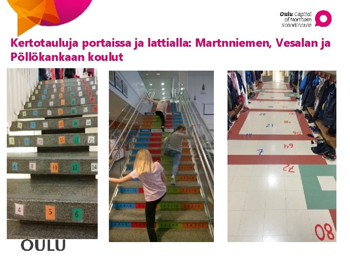 Kertotauluja portaissa ja lattialla: Martnniemen, Vesalan ja Pöllökankaan koulut 